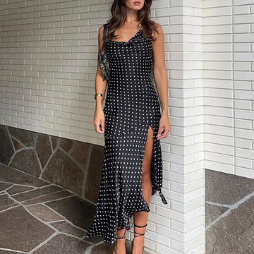 MQTIME  -  Elegant Halter Swing Neck Vacation Dress Women Sexy Split Sleeveless Slim Beach Party Dress Fashion Polka Dot Sling Long Dresses